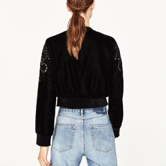 ZARA Velvet Eyelet Cut Out Bomber Jacket Size Small - Picture 5 of 9
